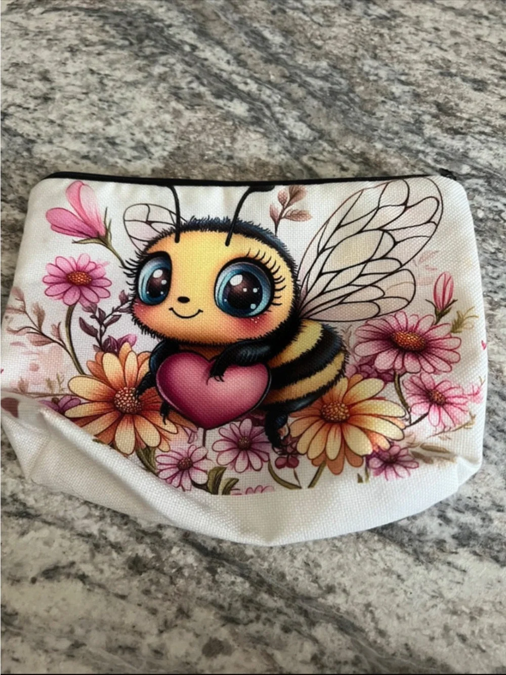 Floral Bee Print with Pink Heart Canvas Make Up Bag